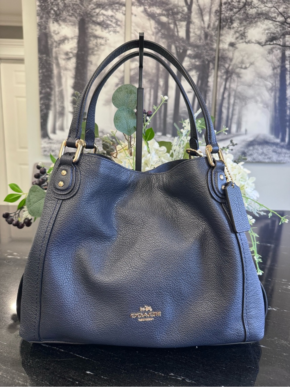 💙Coach Edie 31 Pebbled Leather Shoulder Bag Navy Blue Gold Hardware Crossbody - Picture 8 of 16